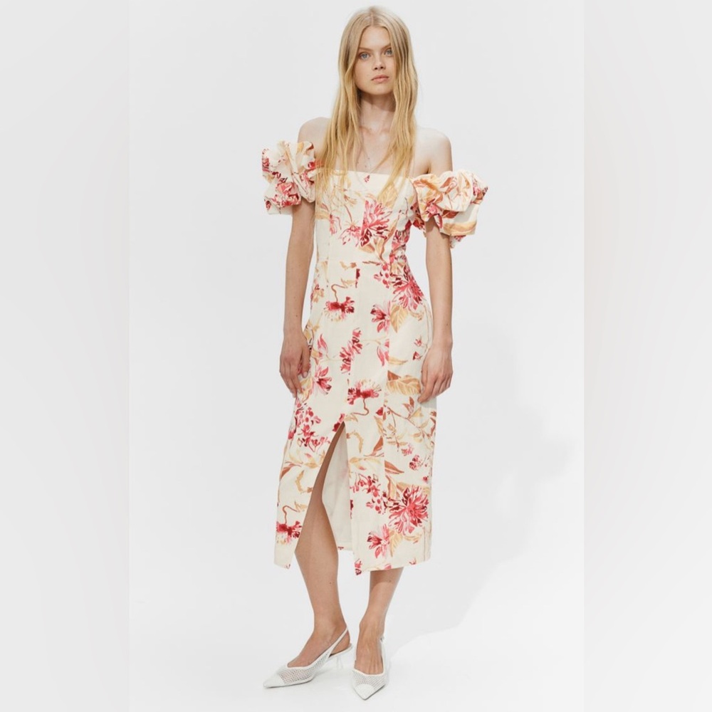 H&M Cream and Pink Floral Midi Dress